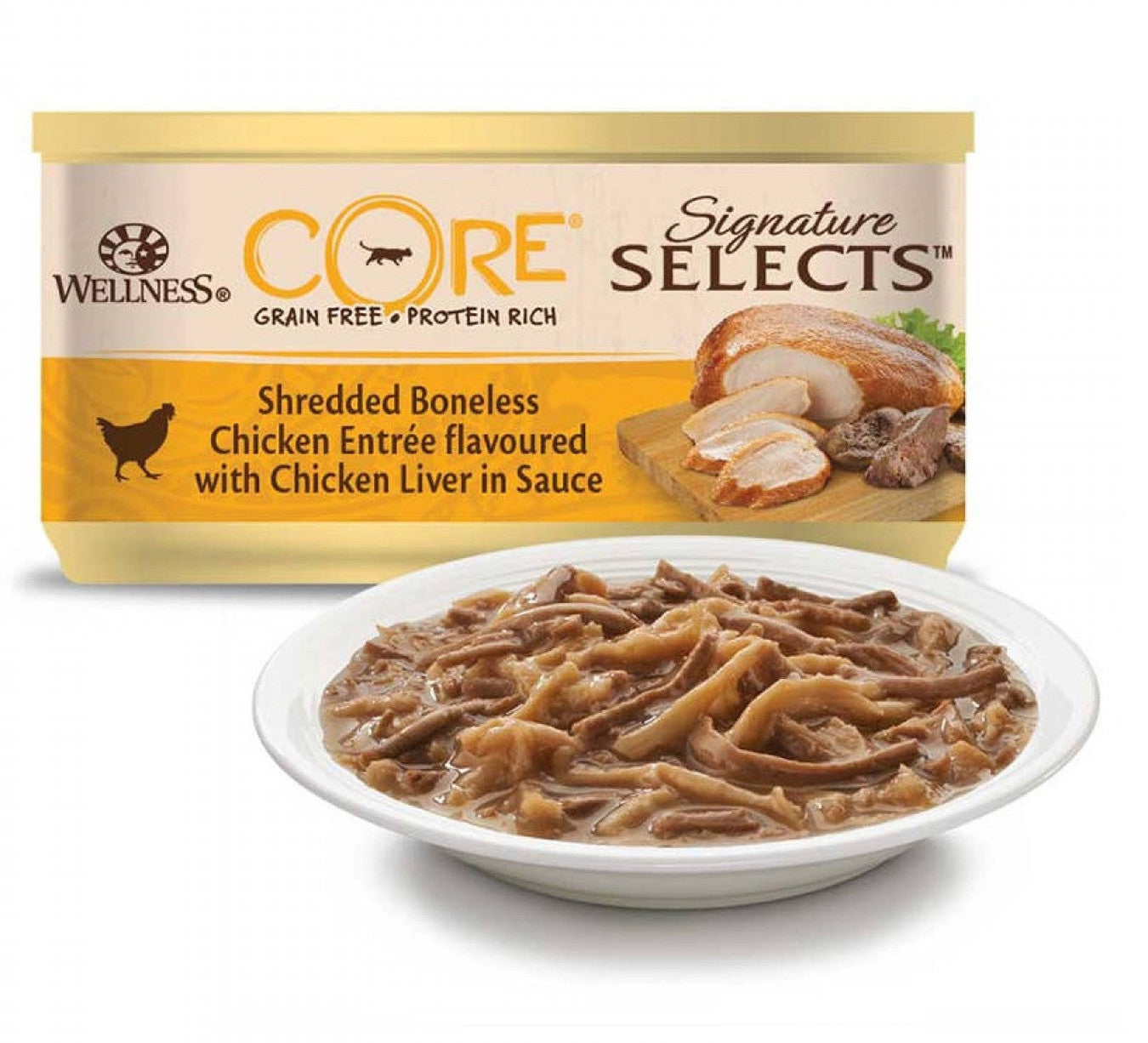 Wellness CORE Signature Selects Shredded Boneless Chicken Entree flavoured with Chicken Liver in Sauce for Cat, 79g