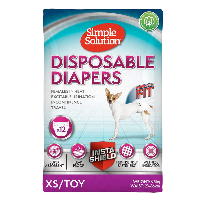 Simple Solution New True Fit Disposable Female Dog Diapers with Wetness Indicator XS,Toy 12 Pack