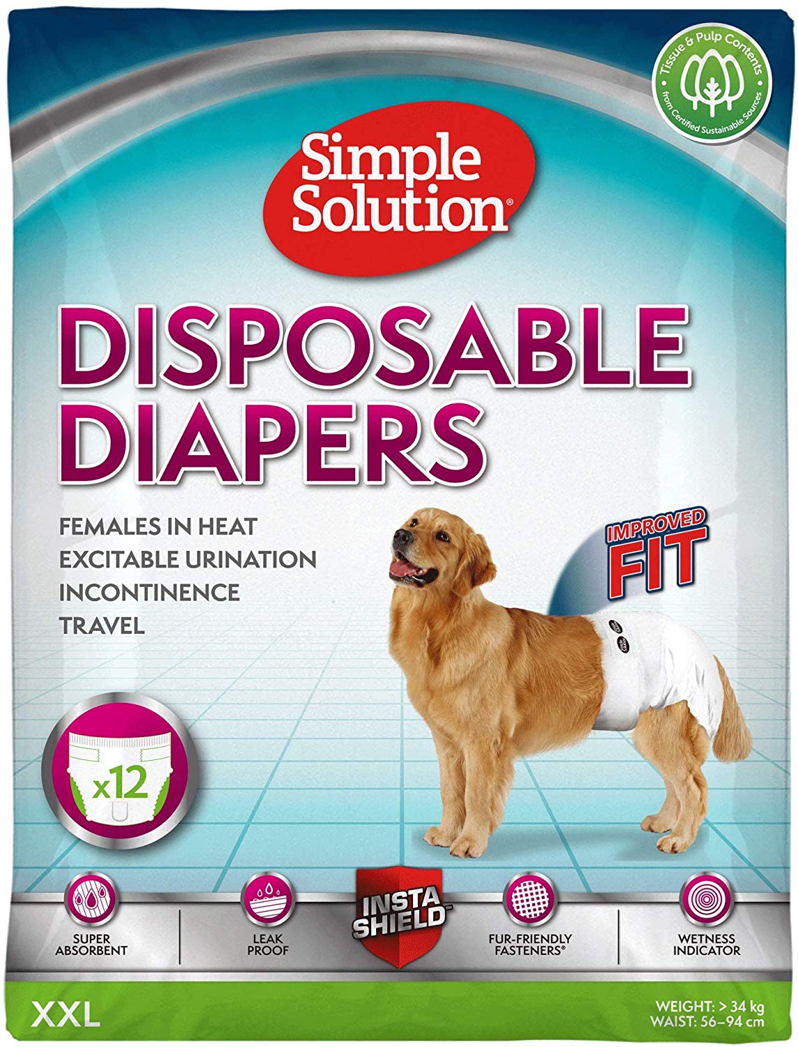 Simple Solution Disposable Female Dog Diapers, Xlarge pack of 12