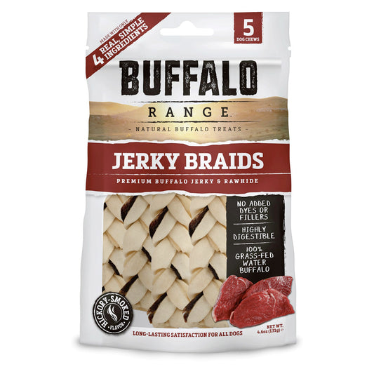 Buffalo Range Natural, Grain Free Jerky Braid Rawhide Chews for Dogs