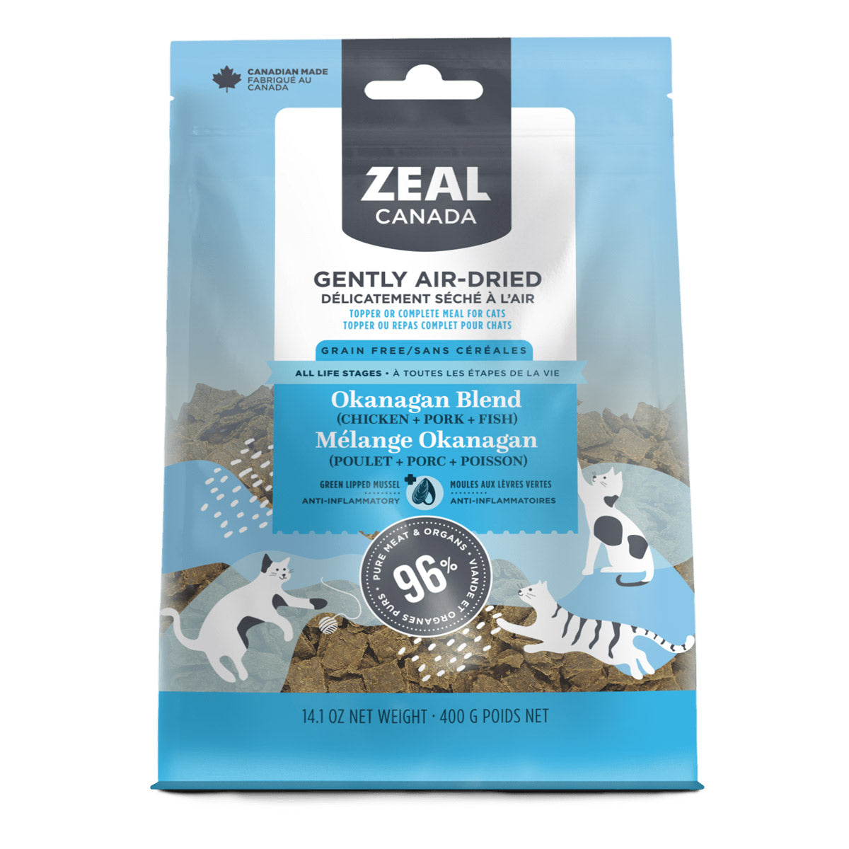 Zeal Gently Air-Dried Okanagan blend(Fish, Chicken, and Pork) Recipe for Cats 14oz/400g